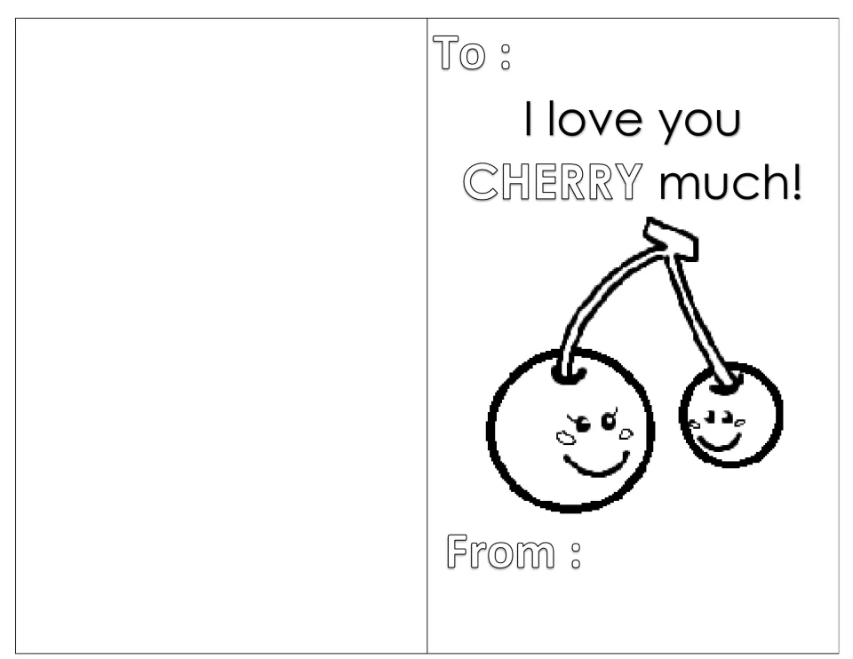 Cherry pun card: students color a pair of smiling cherries joined by a stem under 'I love you cherry much!'