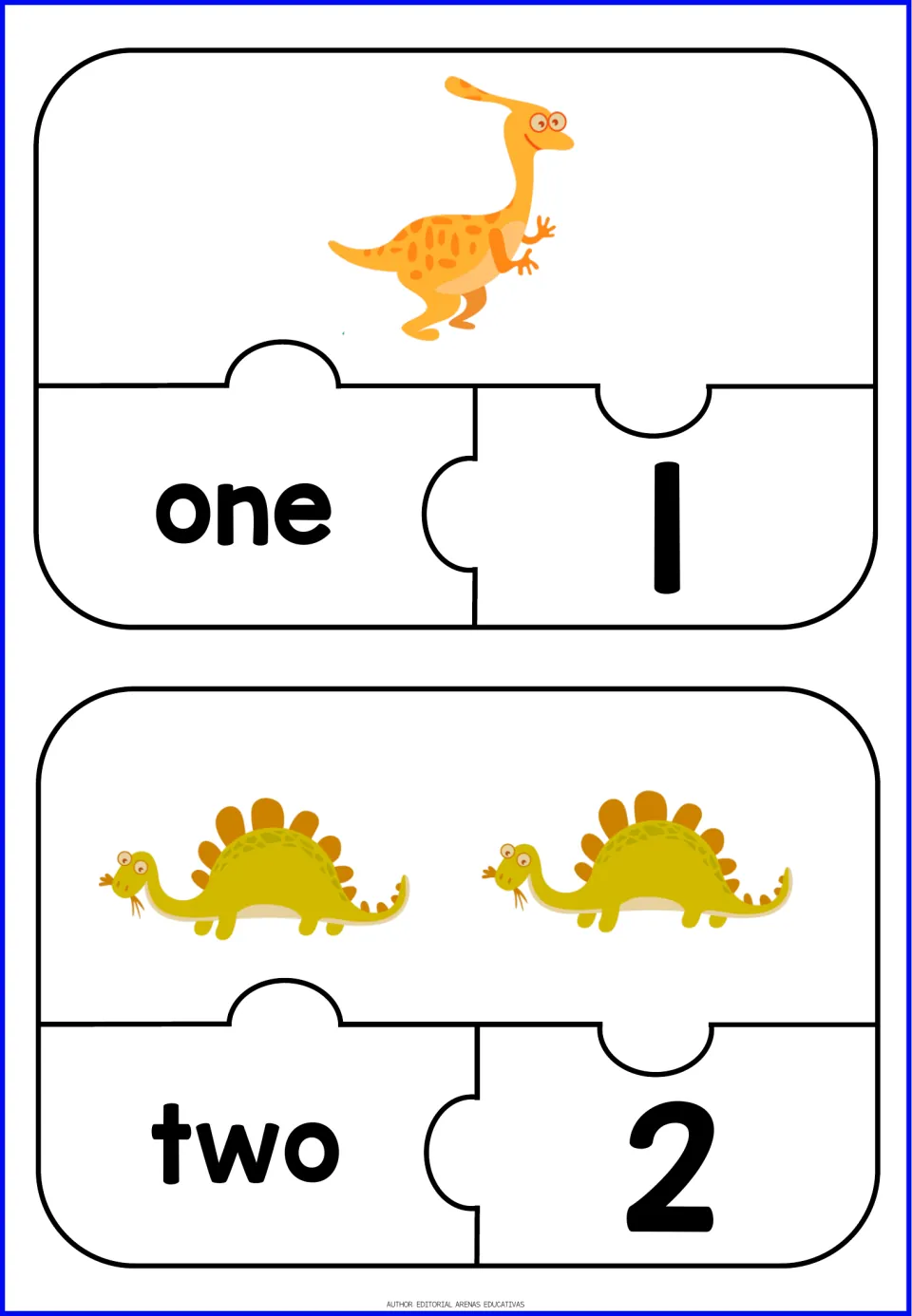 Number puzzles for 1 and 2: students join each dinosaur picture piece to its word and numeral pieces, one/1 and two/2