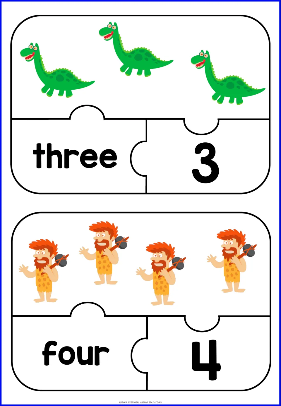 Number puzzles for 3 and 4: students count 3 green dinosaurs and 4 cavemen, then match each to three/3 and four/4