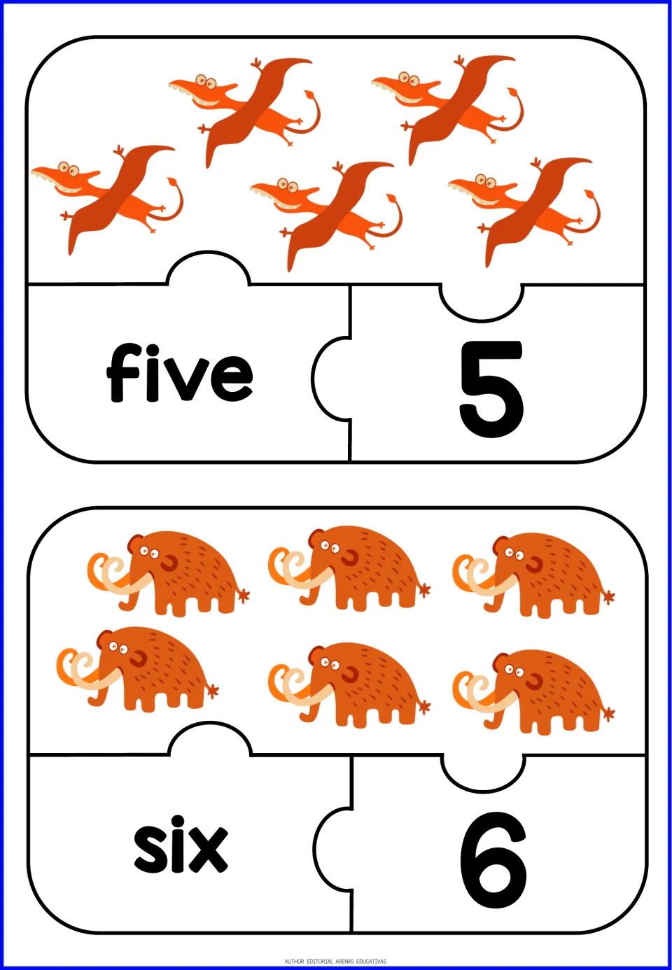 Number puzzles for 5 and 6: students count 5 pterodactyls and 6 woolly mammoths to fit the five/5 and six/6 pieces