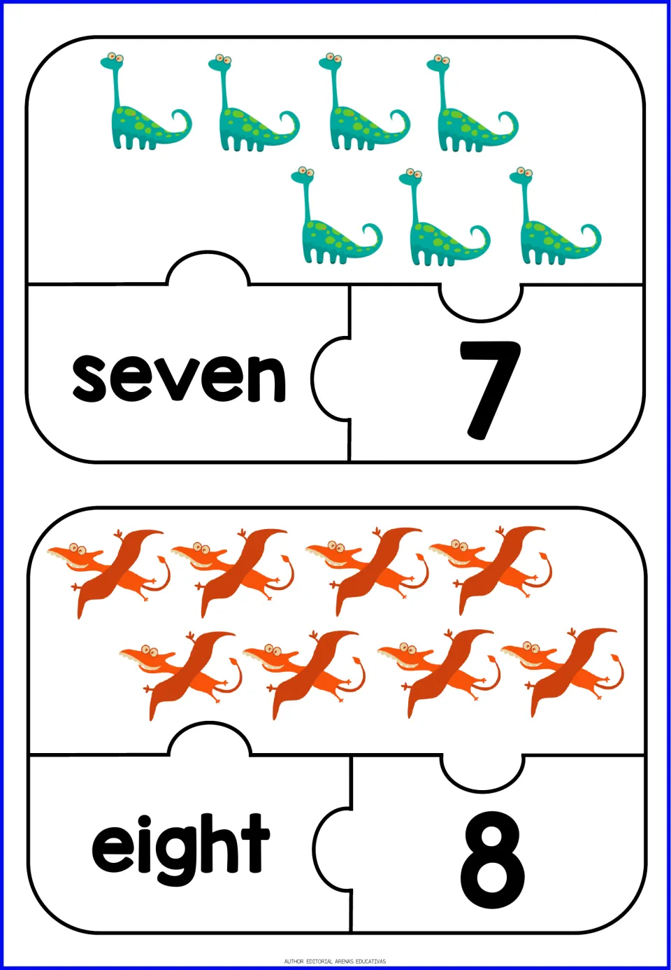 Number puzzles for 7 and 8: students count 7 long-necked dinosaurs and 8 pterodactyls, matching seven/7 and eight/8