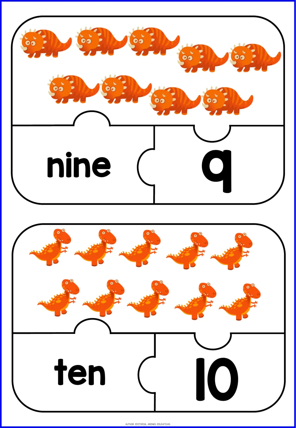 Number puzzles for 9 and 10: students count 9 triceratops and 10 orange dinosaurs to join with nine/9 and ten/10