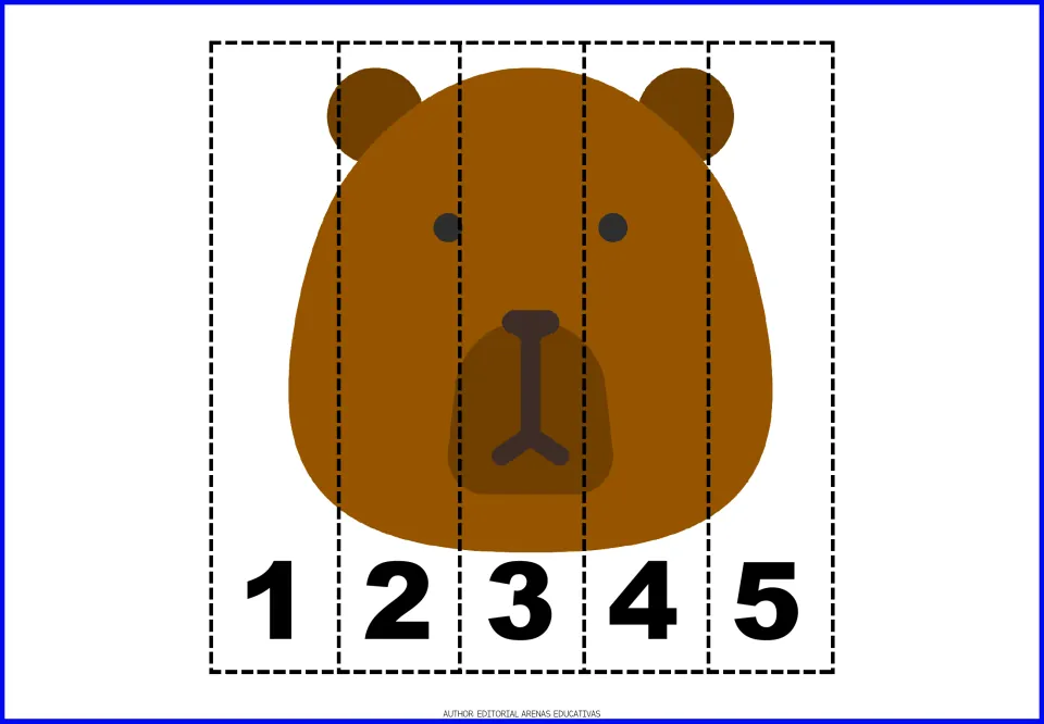 Brown bear face number puzzle: students cut five strips labeled 1 to 5 and put them in order to rebuild the bear picture