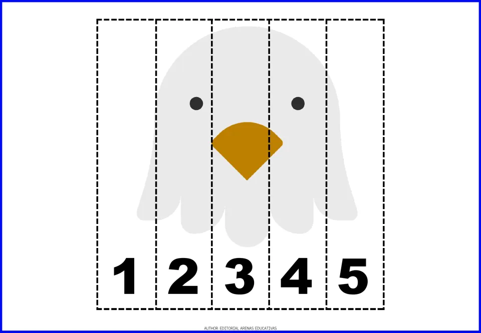 White bird face with an orange beak split into five numbered strips; children order pieces 1 to 5 to complete the picture