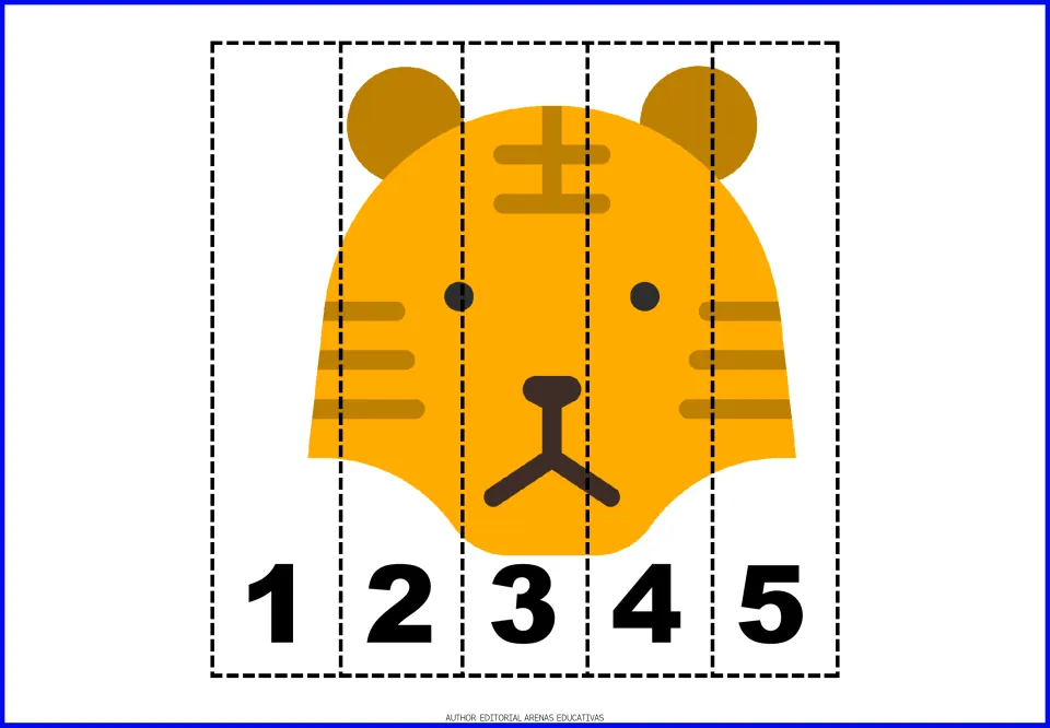 Striped orange tiger face puzzle: learners cut out the five pieces and sequence the strips by the numbers 1 through 5