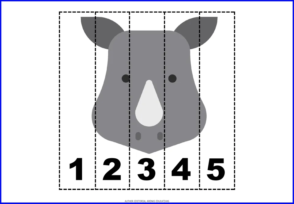 Gray rhino face with a white horn cut into five pieces; students line up the numerals 1, 2, 3, 4, 5 to finish the rhino