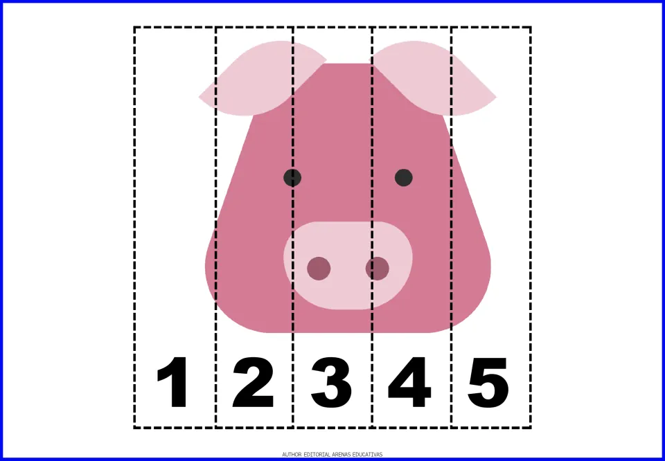 Pink pig face number puzzle: children cut out the five strips and arrange them in counting order 1 to 5 to see the pig