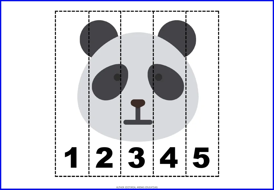 Black and white panda face split into five numbered strips; students sequence pieces 1 to 5 to put the panda back together