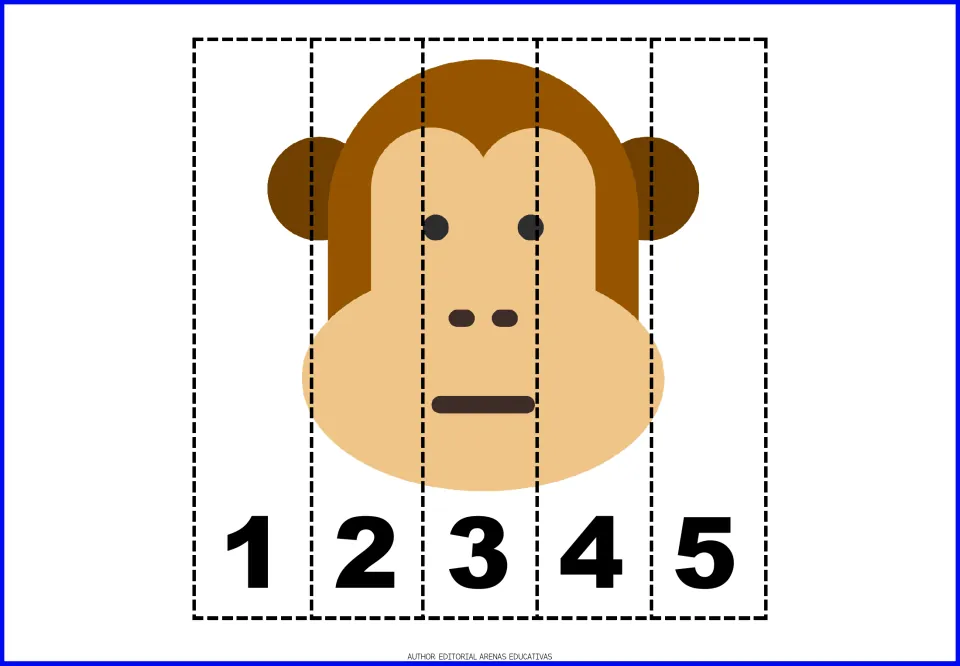 Brown monkey face puzzle: kids cut apart the strips, then order the numbered pieces 1 through 5 to reveal the monkey