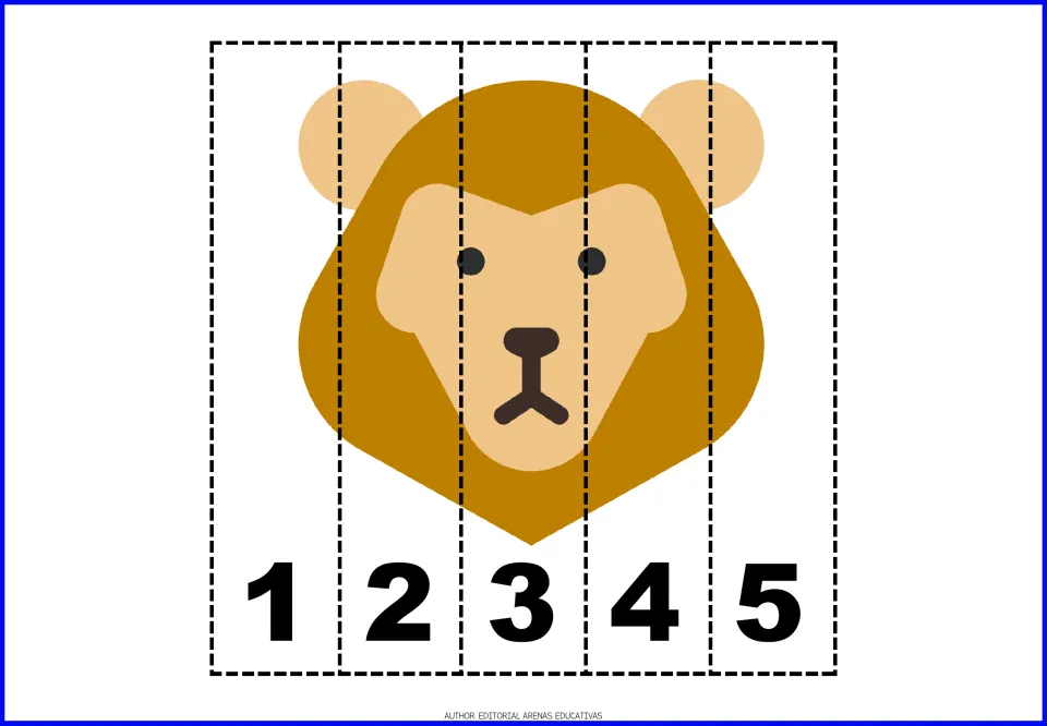 Lion face with a golden mane cut into five strips; learners place 1, 2, 3, 4 and 5 in order to complete the lion