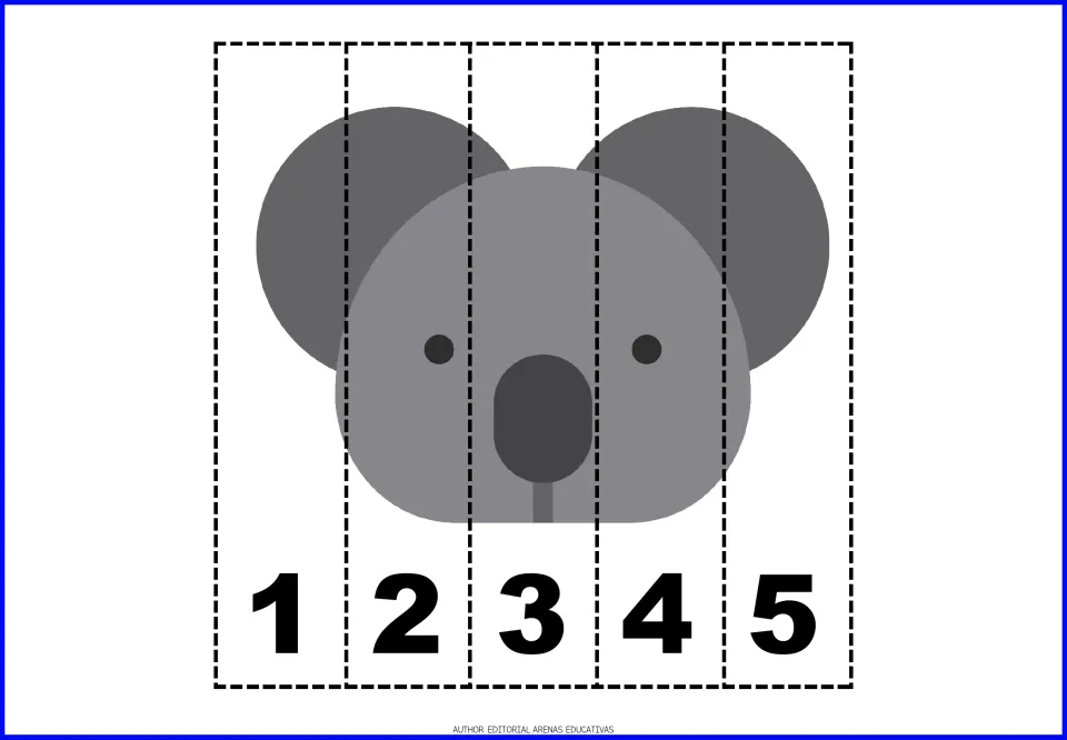 Gray koala face number-order puzzle: children cut five numbered strips and sequence them 1 to 5 to rebuild the koala