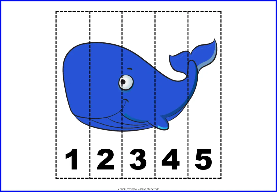 Blue whale number puzzle: students cut out five strips and order them 1 to 5 to rebuild the whale picture