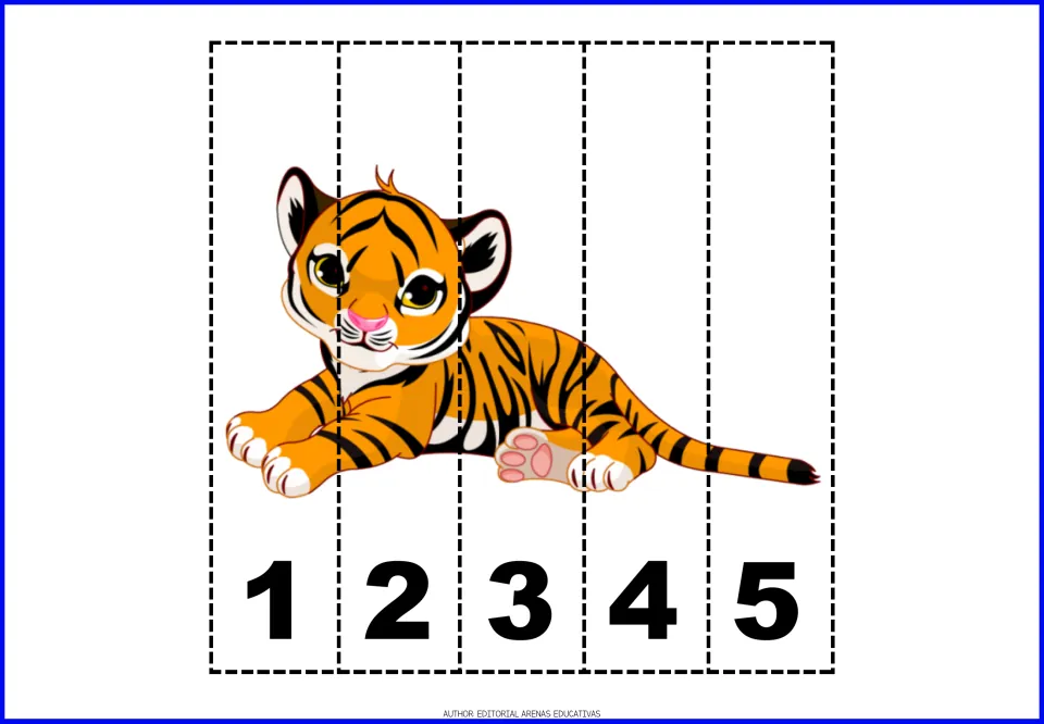 Tiger cub number puzzle: students cut the strips apart and sequence them 1 to 5 to complete the tiger