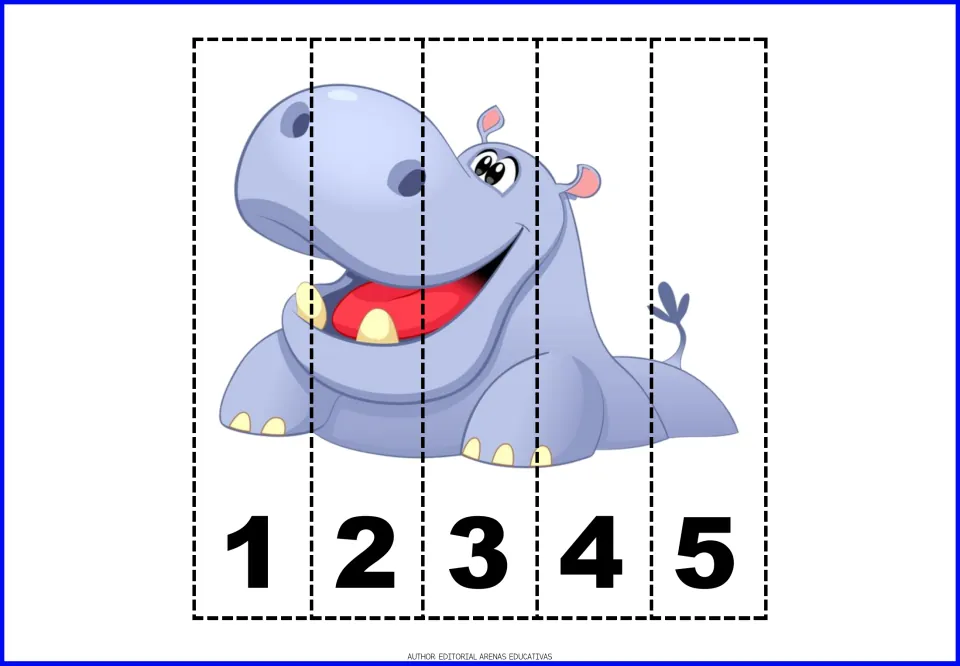 Hippo number puzzle: students cut the five numbered strips and arrange them from 1 to 5 to rebuild the hippo
