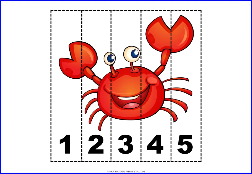 Crab number puzzle: students cut out the five strips and put them in order 1 to 5 to complete the red crab