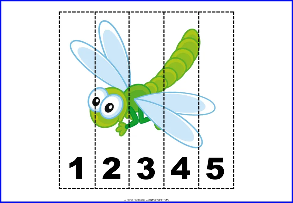 Dragonfly number puzzle: students cut the picture into five strips and place them in order from 1 to 5