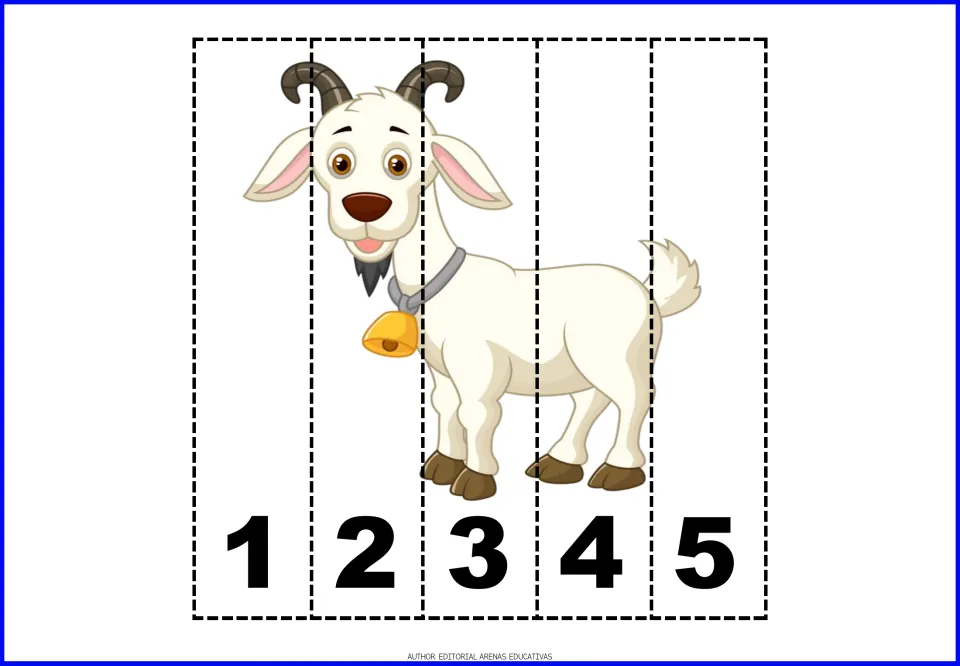 Goat number puzzle: students cut the five numbered strips and line them up 1 to 5 to put the goat together