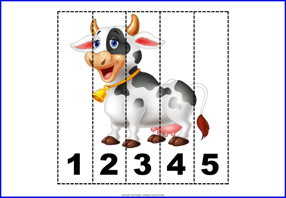 Cow number puzzle: students cut apart five strips and arrange them from 1 to 5 to rebuild the spotted cow