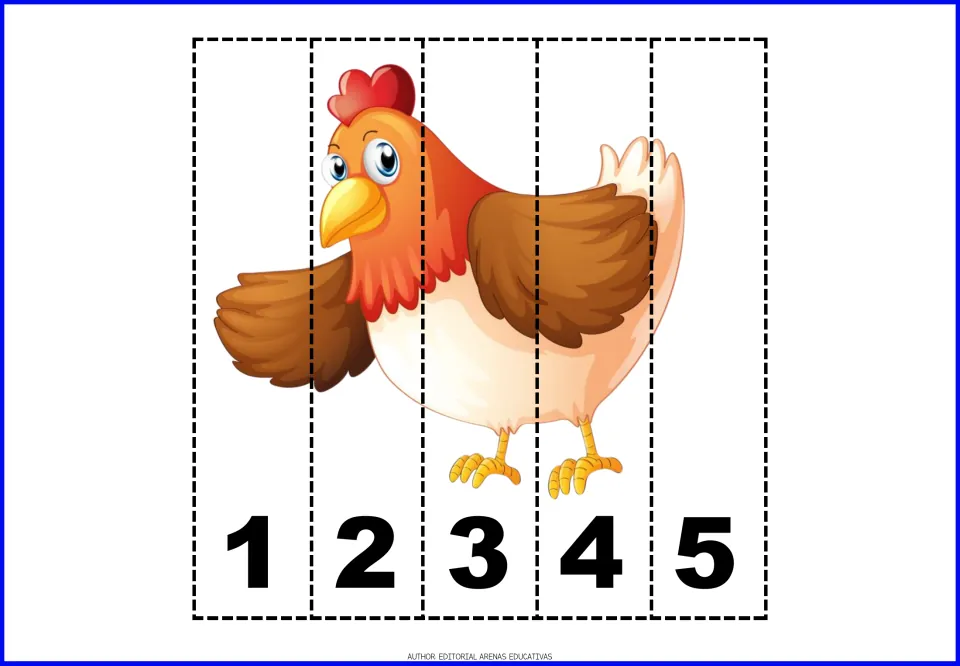 Hen number puzzle: students cut the picture into five strips and order them 1 to 5 to finish the brown hen