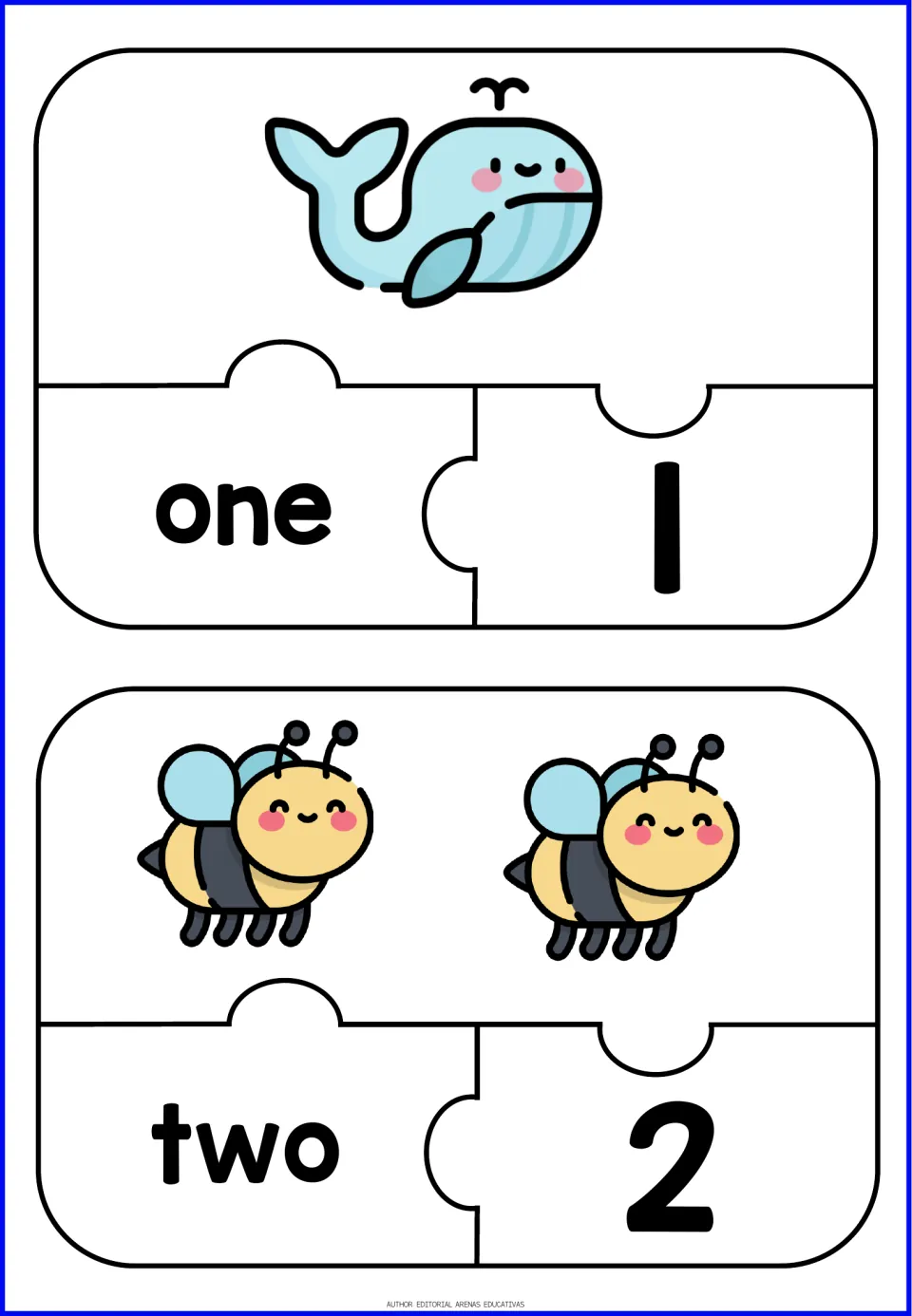 Number puzzles 1 and 2: students match 1 whale and 2 bees to the words one and two and to the numerals 1 and 2