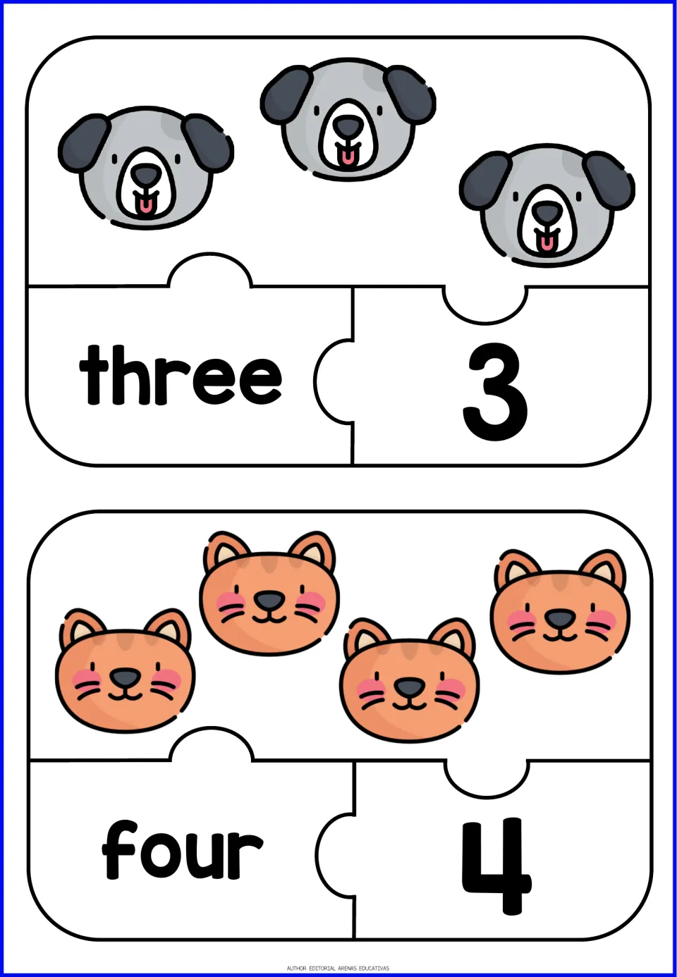 Number puzzles 3 and 4: students count 3 dog faces and 4 cat faces, then join them to the words three, four and numerals