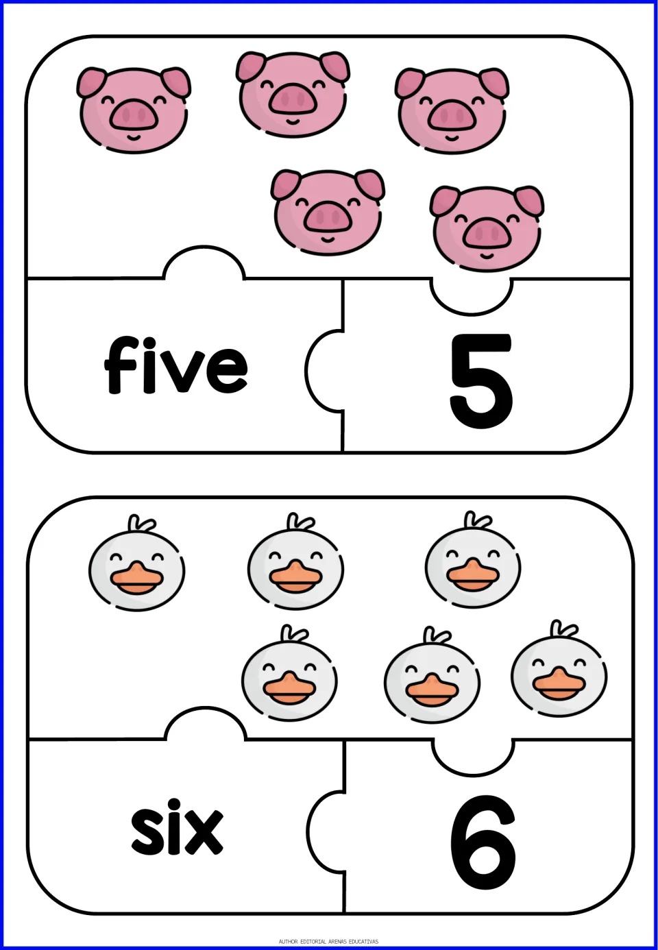 Number puzzles 5 and 6: students count 5 pig faces and 6 duck faces and connect each set to its number word and numeral