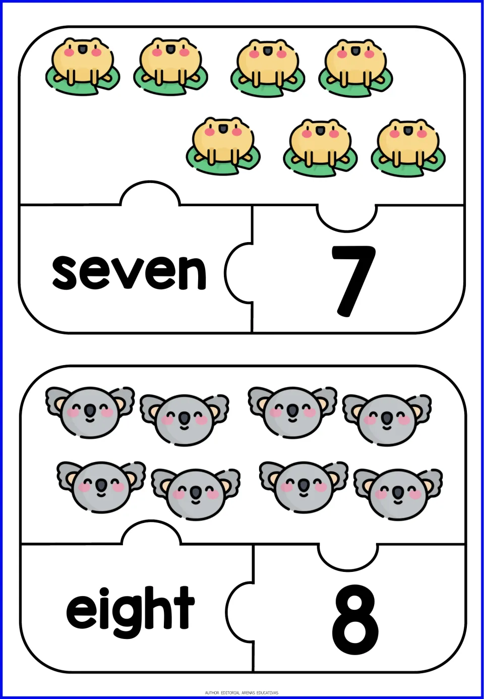 Number puzzles 7 and 8: students count 7 frogs on lily pads and 8 koala faces, matching them to seven, eight, 7 and 8