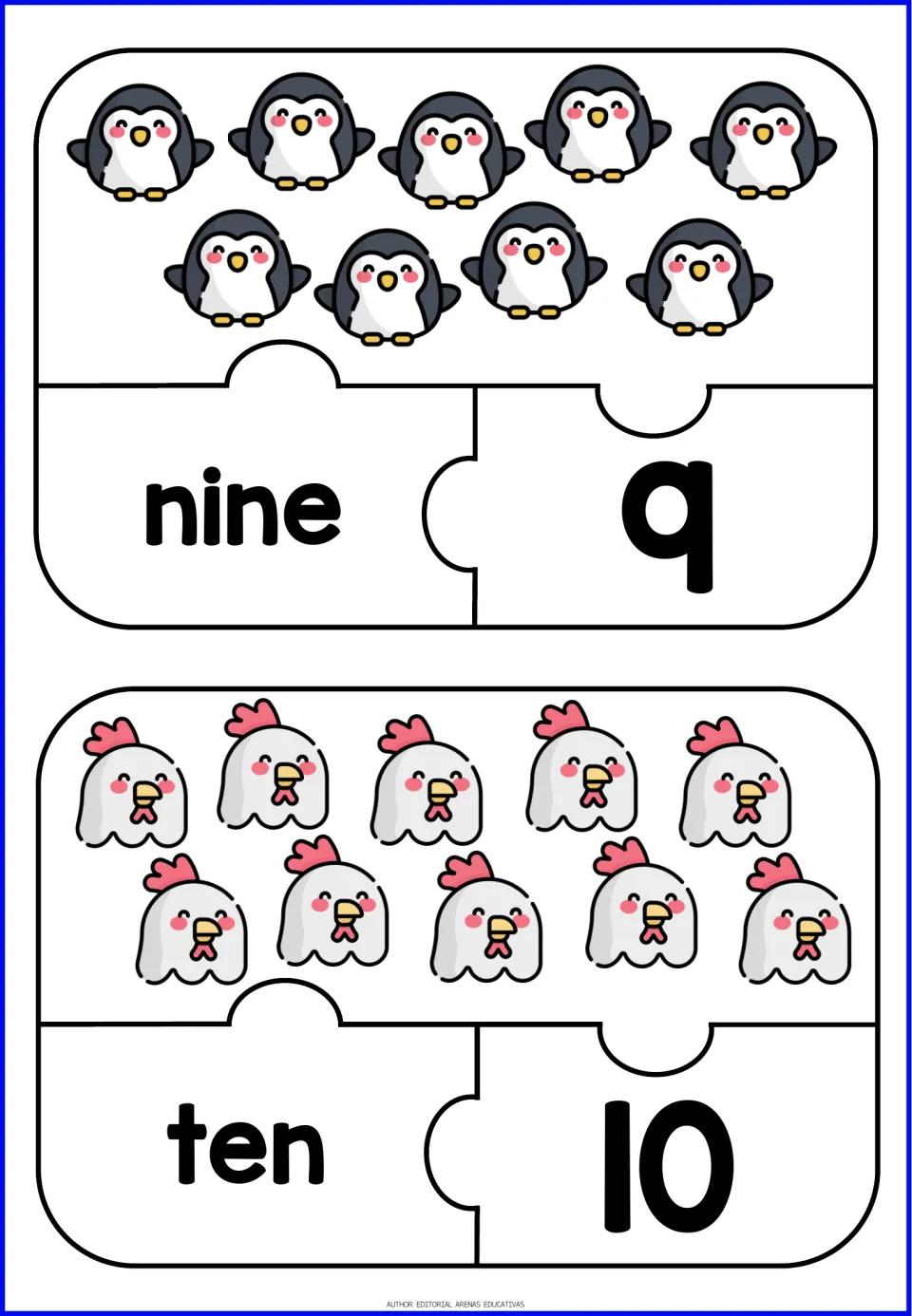 Number puzzles 9 and 10: students count 9 penguins and 10 chickens, then match them to nine, ten, 9 and 10