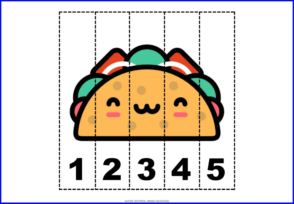 Taco number puzzle: students cut the picture into five strips and order them 1 to 5 to rebuild the smiling taco