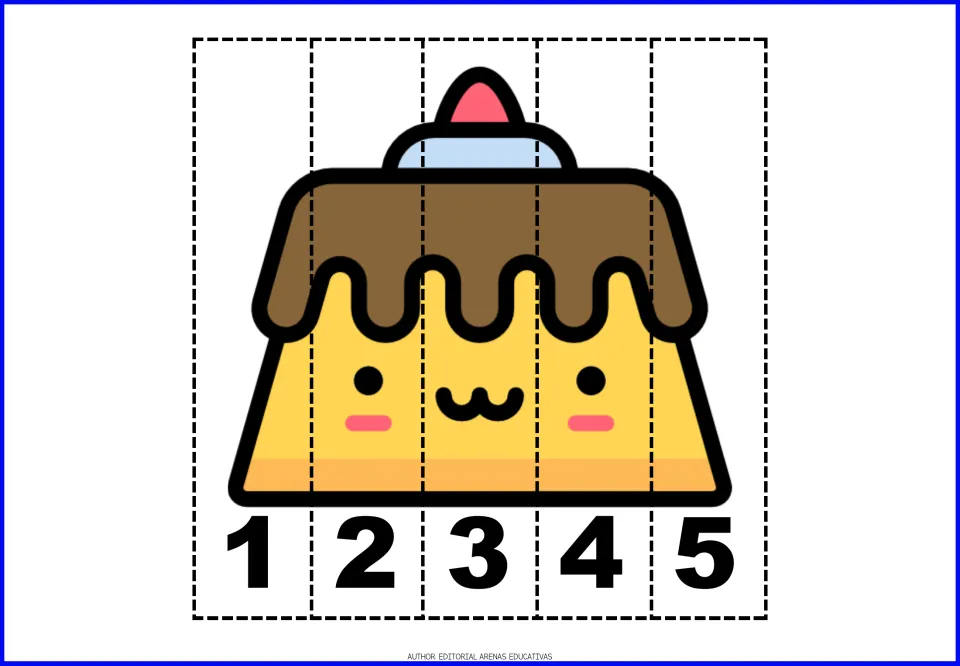Pudding number puzzle: students cut five numbered strips and sequence 1 to 5 to rebuild a chocolate-topped pudding