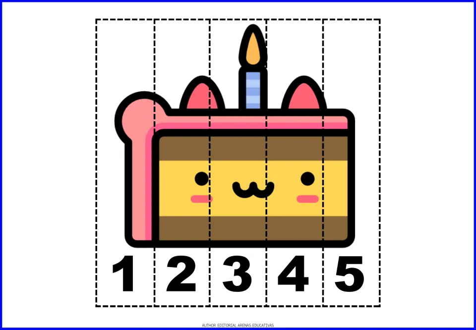Birthday cake number puzzle: students order five strips labeled 1 to 5 to rebuild a cake slice topped with a candle