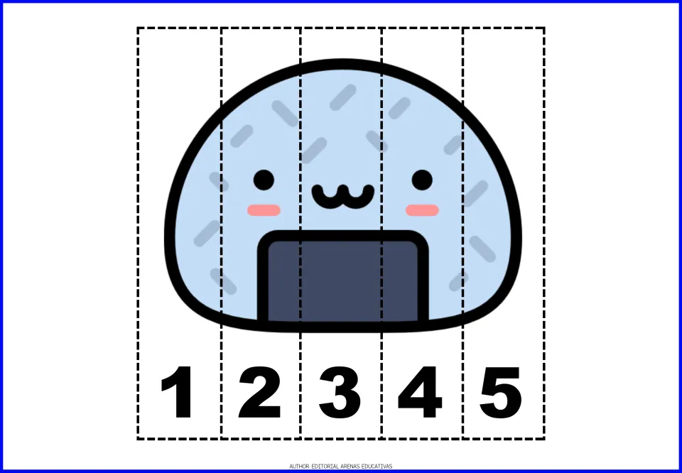 Rice ball number puzzle: counting order 1 to 5, students line up five cut strips to rebuild an onigiri with seaweed