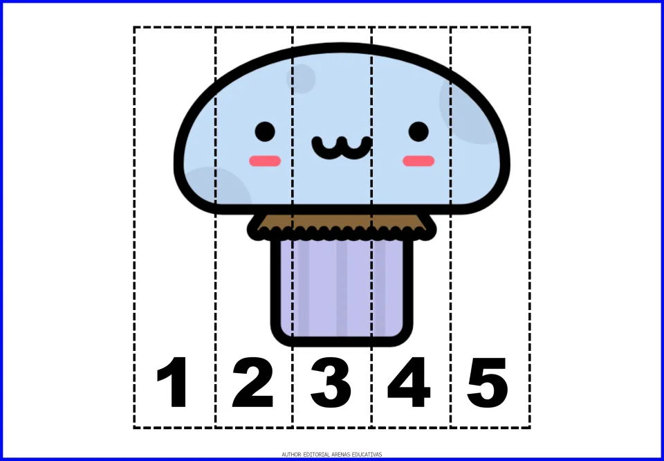 Cupcake number puzzle: students sequence five strips from 1 to 5 to put together a smiling blue-frosted cupcake