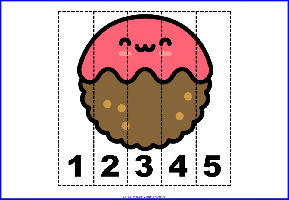 Cookie number puzzle: students cut apart strips 1 to 5 and order them to rebuild a cookie with pink icing