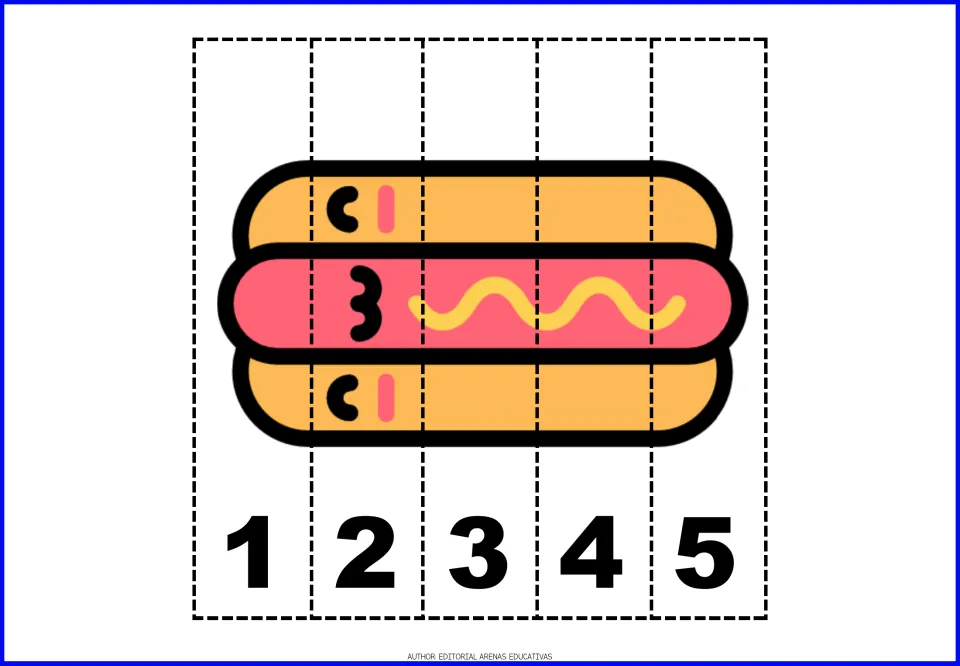 Hot dog number puzzle: students arrange five strips in 1 to 5 order to rebuild a hot dog with a mustard squiggle