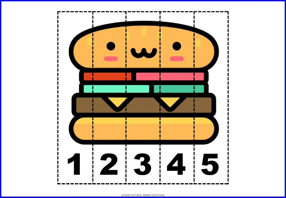Hamburger number puzzle: students cut five strips and sequence 1 to 5 to rebuild a burger with lettuce and cheese