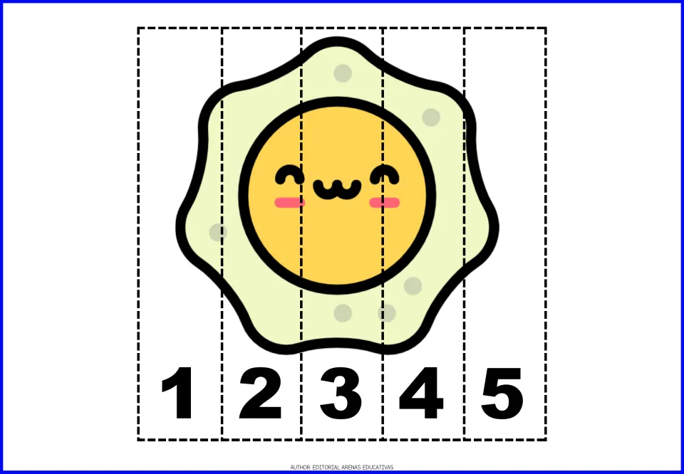Fried egg number puzzle: students order strips 1 to 5 to reassemble a smiling sunny-side-up egg, practising counting