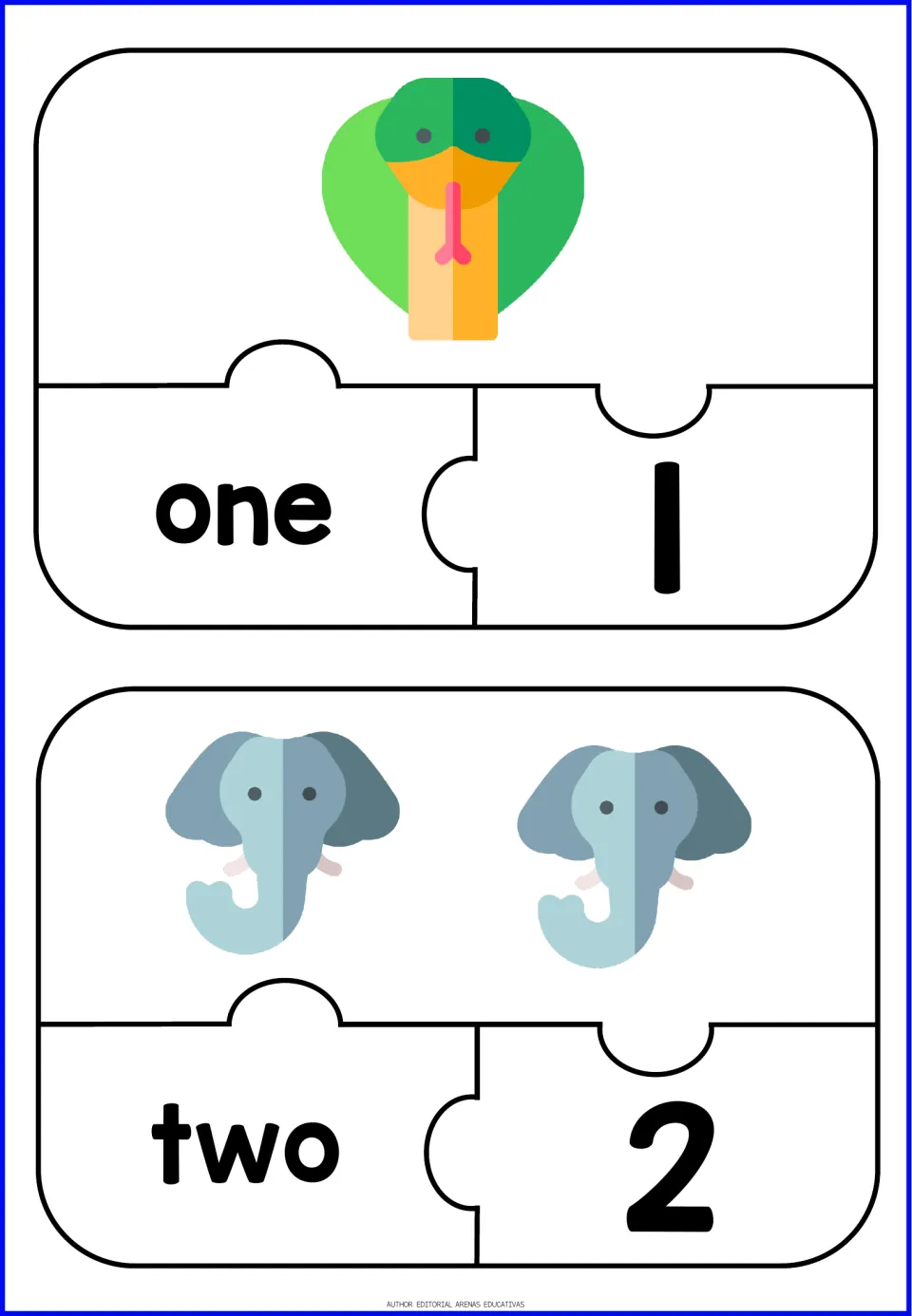 Number puzzles 1 and 2: students match one cobra and two elephants to the words one and two and the numerals 1 and 2