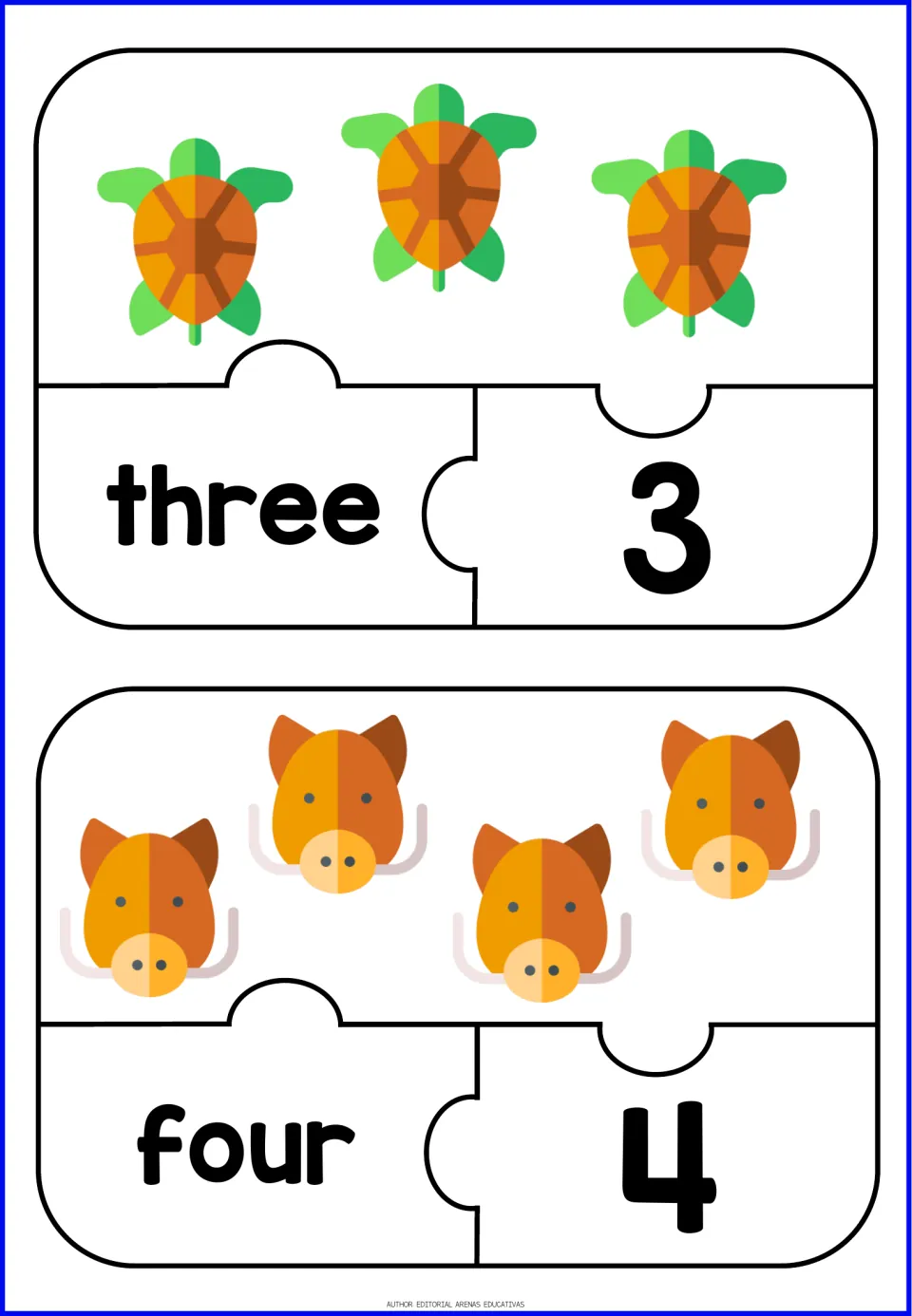 Number puzzles 3 and 4: students match three turtles and four boars to the words three and four and the numerals 3 and 4