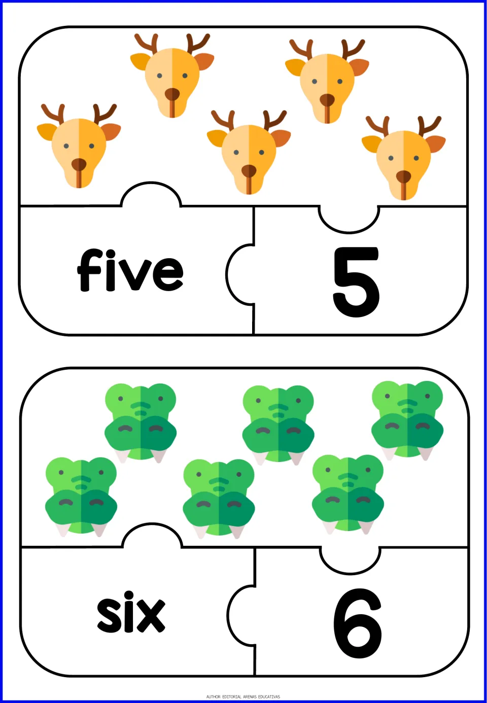 Number puzzles 5 and 6: students match five deer and six crocodiles to the words five and six and the numerals 5 and 6