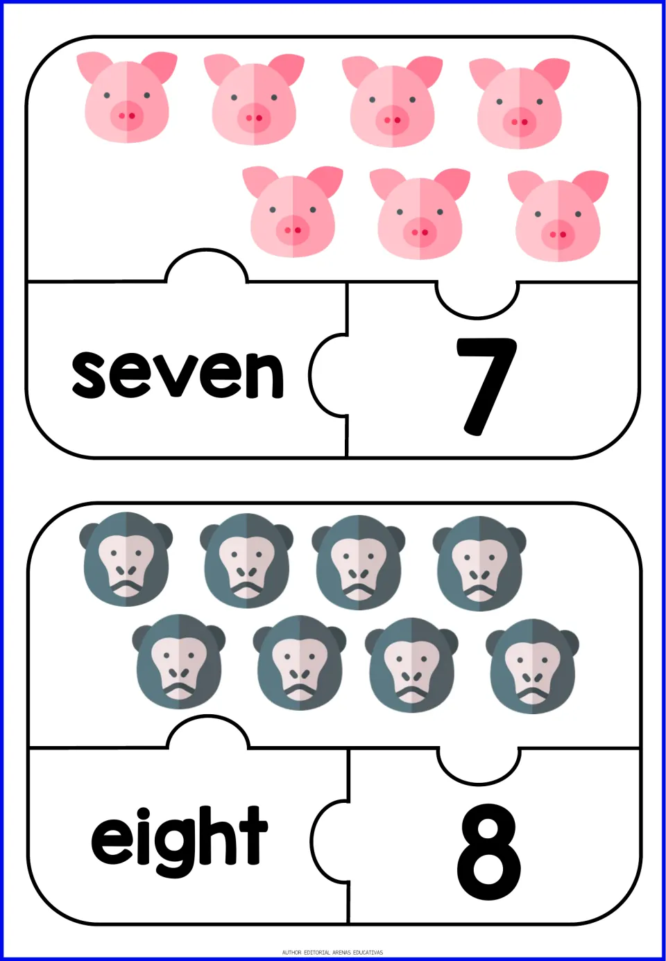 Number puzzles 7 and 8: students match seven pigs and eight gorillas to the words seven and eight and the numerals 7 and 8