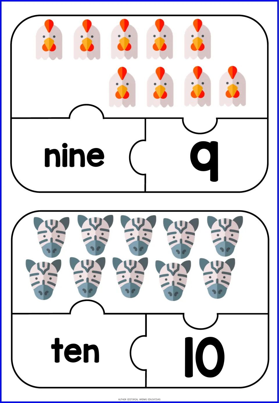 Number puzzles 9 and 10: students match nine chickens and ten zebras to the words nine and ten and the numerals 9 and 10