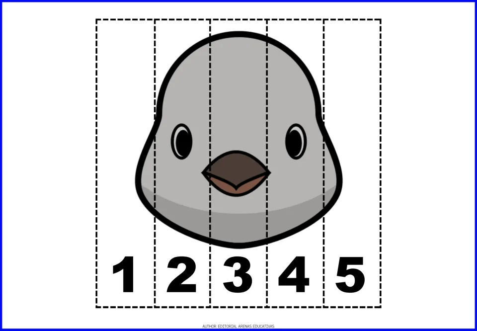 Gray bird face puzzle: students cut five strips numbered 1 to 5 and put them in counting order to rebuild the bird picture