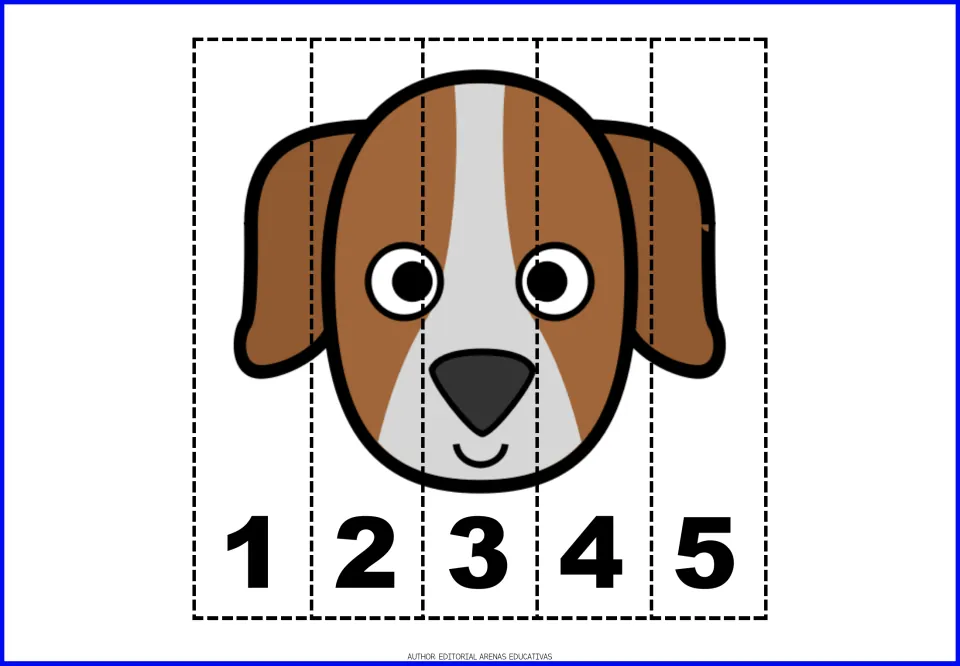 Dog face puzzle: brown and white puppy cut into five strips labeled 1 to 5 that students sequence to complete the picture