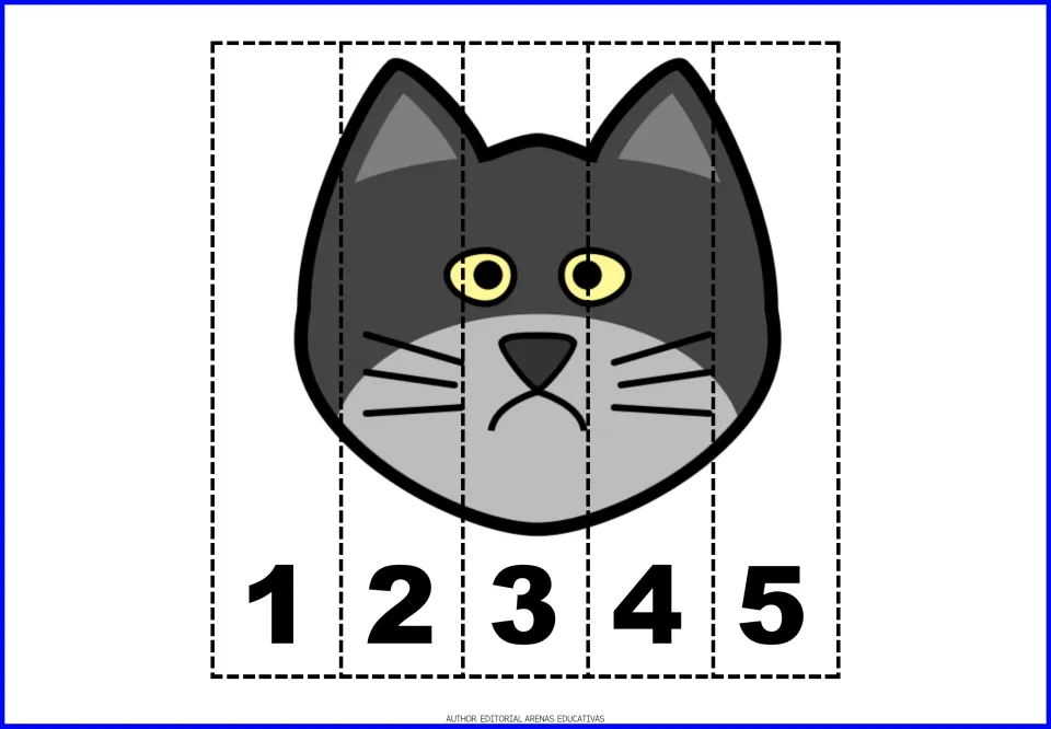 Cat face puzzle: gray cat with yellow eyes split into five numbered strips; children order 1 to 5 to put the face together