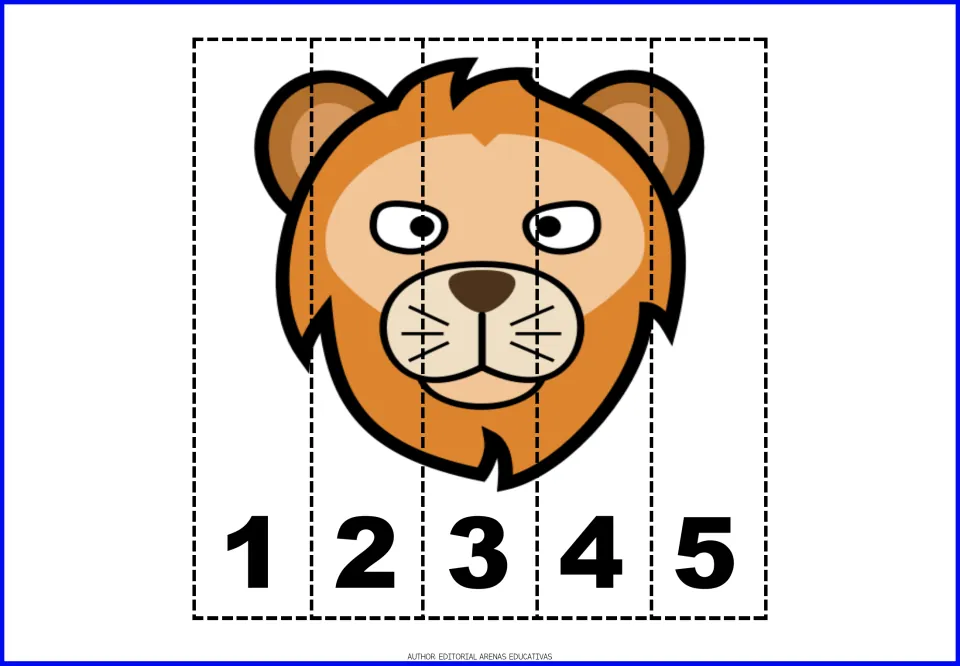 Lion face puzzle: orange lion with a mane on five strips numbered 1 to 5; students put the strips in order to rebuild it