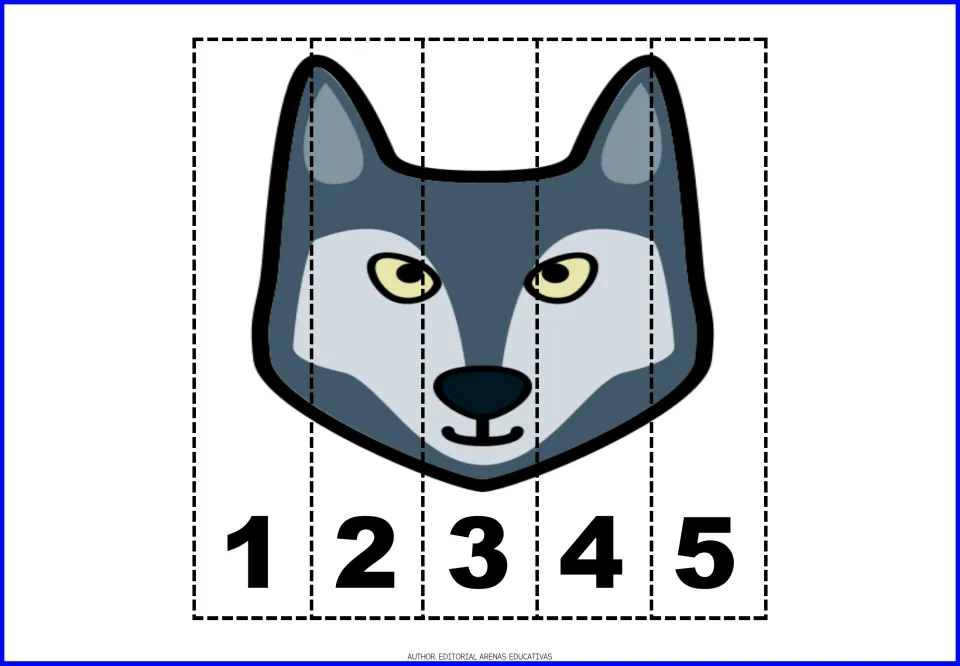 Wolf face puzzle: blue-gray wolf divided into five numbered pieces; learners line up 1, 2, 3, 4, 5 to reveal the whole wolf