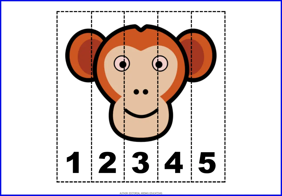 Monkey face puzzle: smiling brown monkey cut into five strips marked 1 to 5 for students to order and rebuild the picture
