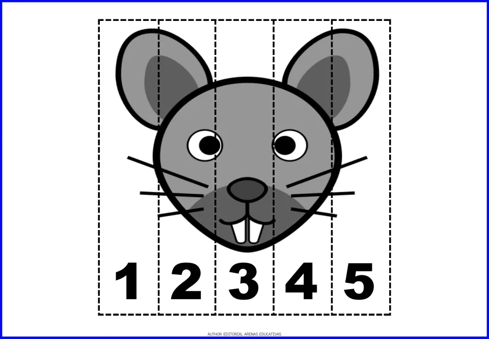 Mouse face puzzle: gray mouse with whiskers and buck teeth on five strips; children place 1 to 5 in order to rebuild it