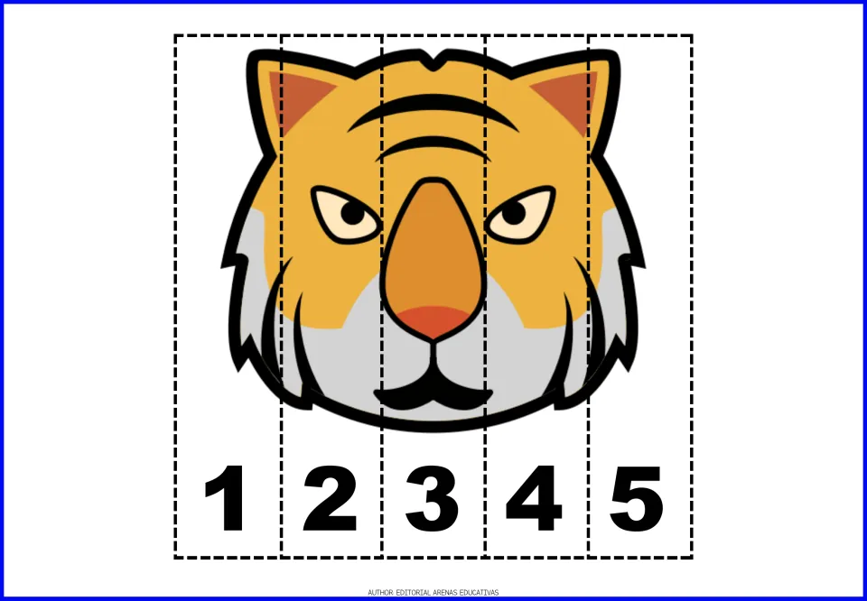 Tiger face puzzle: orange tiger with white cheeks split into five numbered strips that students order 1 to 5 to complete